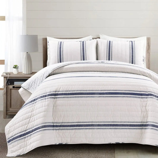Farmhouse Stripe Reversible Cotton Quilt Set LushDecor