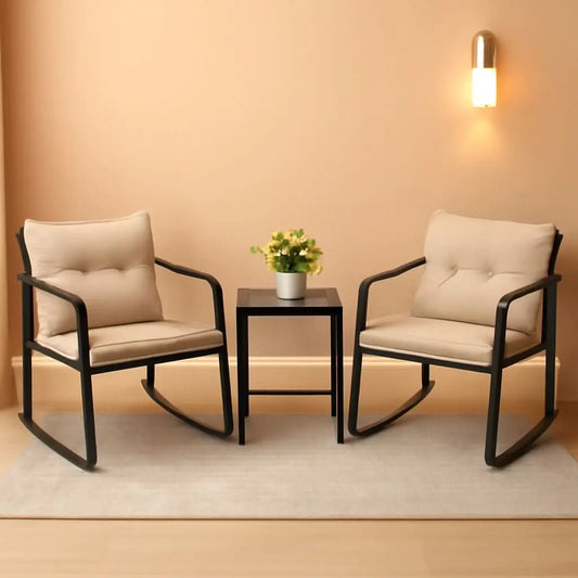 Beige 3 Piece Rocking Patio Bistro Set With Tempered Glass Coffee Table For Outdoor Furniture ShipItFurniture