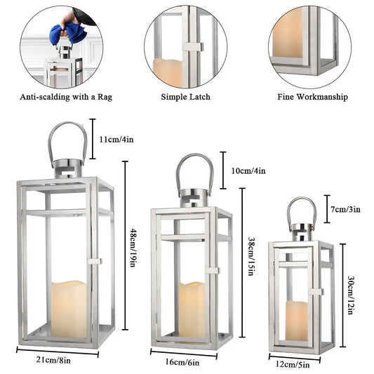 19''&15''&12'' H Stainless Steel Metal Candle Lantern Candle Holder with Clear Glass Panels(Set of 3) JHY DESIGN