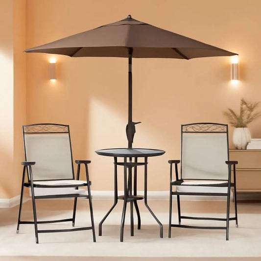 Patio Dining Set With 2 Folding Chairs Beige Umbrella ShipItFurniture