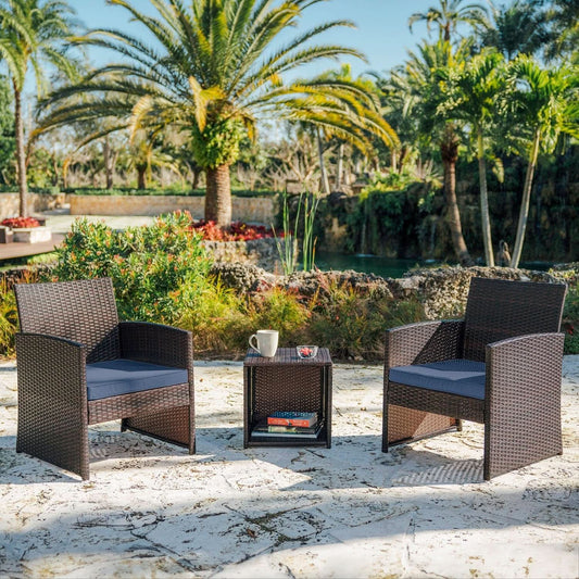 Wicker Outdoor Patio Set 3 Piece Bistro Brown Navy ShipItFurniture