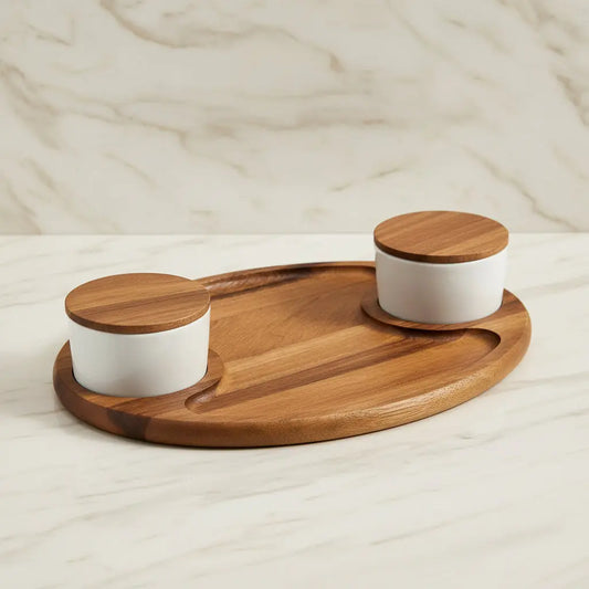 Charcuterie / Serving Tray w/ 2 Ceramic Bowls w/ Lids Kalmar Home