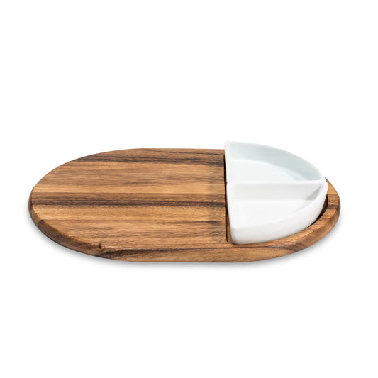Charcuterie / Serving Tray w/ 2 Triangular Ceramic Bowls