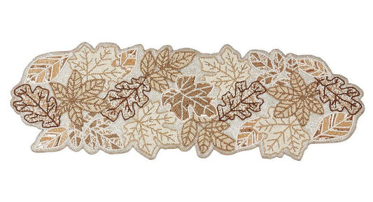 Fennco Styles Hand Beaded Fall Leaves Table Runner 12" W x 36" L - Gold Elegant Autumn Table Cover for Home Décor, Holidays, Family Gatherings, Banquets and Special Occasion