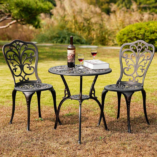3 Piece Cast Aluminum Outdoor Patio Bistro Set With Umbrella Hole In Brown All Weather Durable ShipItFurniture