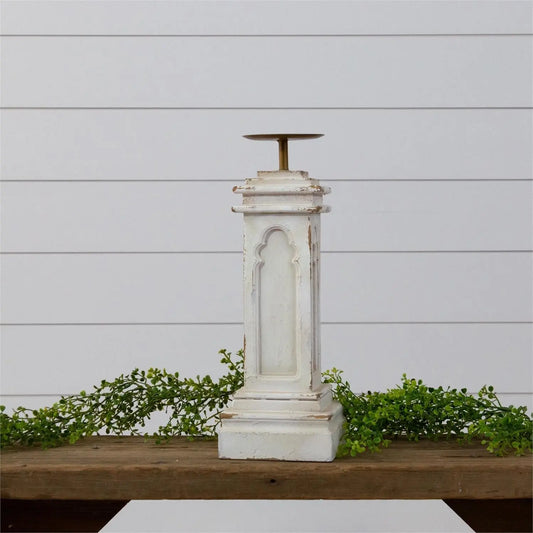 Distressed White Wooden Pillar Candle Holder | 2 Sizes Rust & Cinder