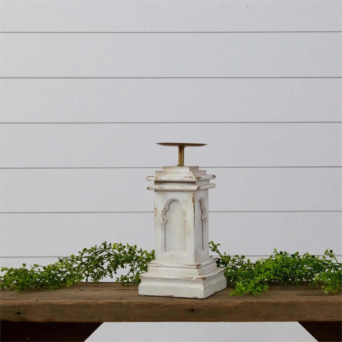 Distressed White Wooden Pillar Candle Holder | 2 Sizes Rust & Cinder