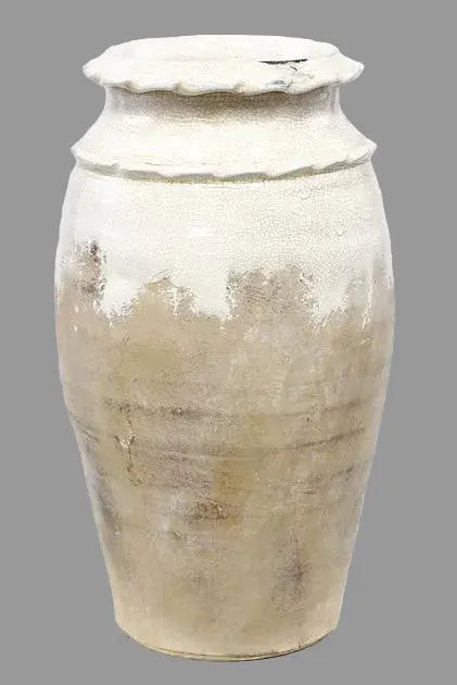 White and Tan Crackle Glazed Round Vase with Waffle Trim Thenestedfig