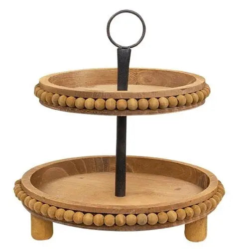 Rustic Natural Wooden Beaded Two-Tiered Tray Countryside Home Decor