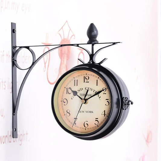 Vintage Retro Trainstation Household Double Sided Bracket Clock Retro Horological Decoration Ornaments Living Room Wall Clock in London Elegant English Style and Design Stevvex