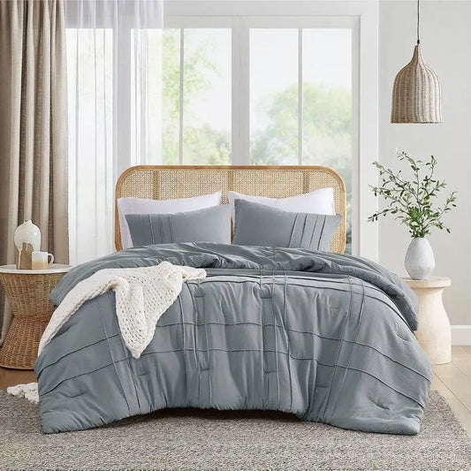 Full/Queen size Pleated Pre-Washed Microfiber Comforter Set in Blue Grey HomePacific