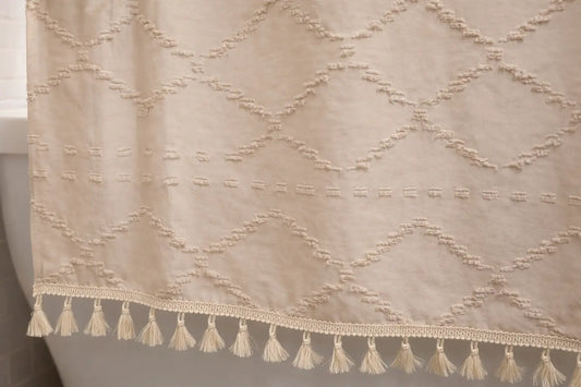 Valencia Tufted Beige Shower Curtain With Subtle Diamond Pattern For Boho Farmhouse Bathrooms Busa Designs