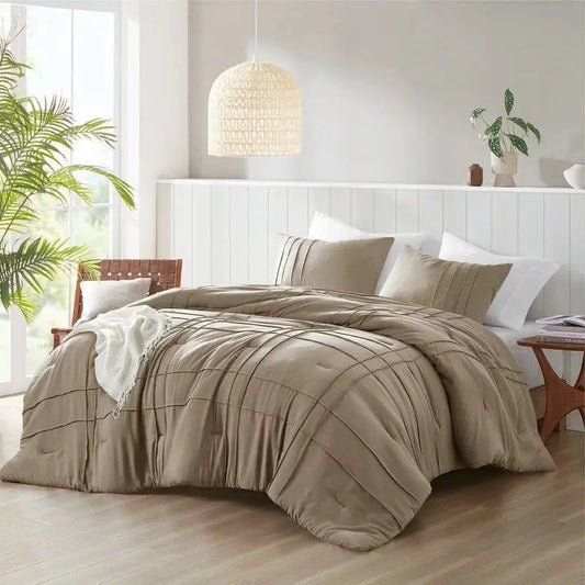King size Microfiber Pleated Soft Lightweight Comforter Set Tan Khaki Taupe HomePacific