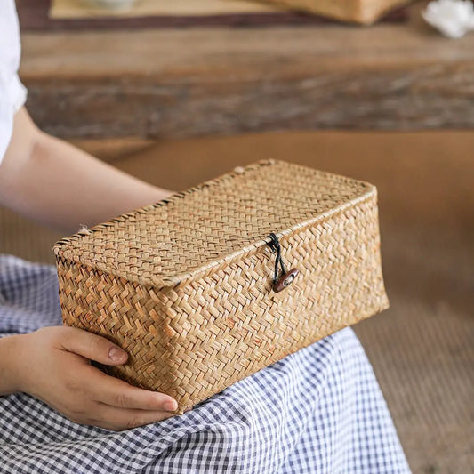Rectangular Natural Straw Storage Basket with Lid RusticReach