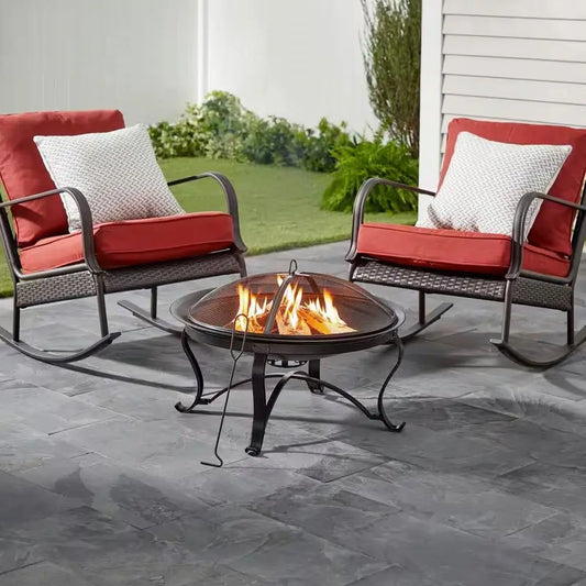 30-inch Round Steel Outdoor Fire Pit with Mesh Cover and Poker in Bronze HomePacific