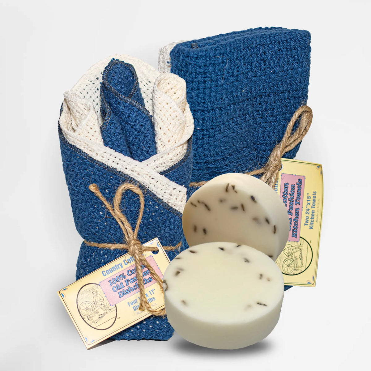 Starter Kit 100% Cotton Dishcloth 11" x 11" (4), Kitchen Towel 24" x 15" (2), Dish Soaps (1 Each Scent) Carolina Cottons