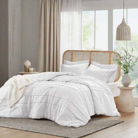 King Size Microfiber Pleated Soft Washed Comforter Set White HomePacific