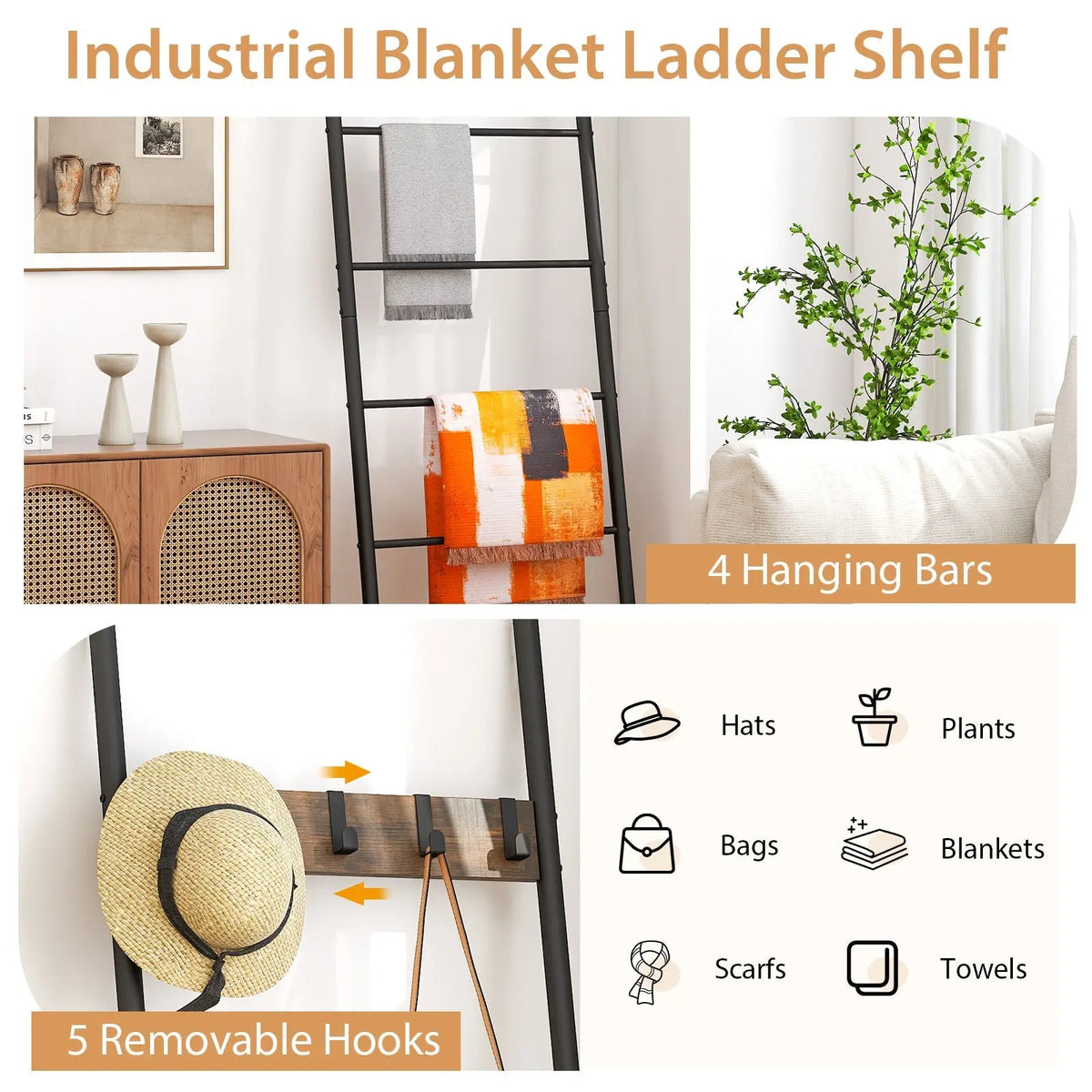 Wall-Leaning Decorative Blanket Holder with 5 Removable Hooks DirectDeals
