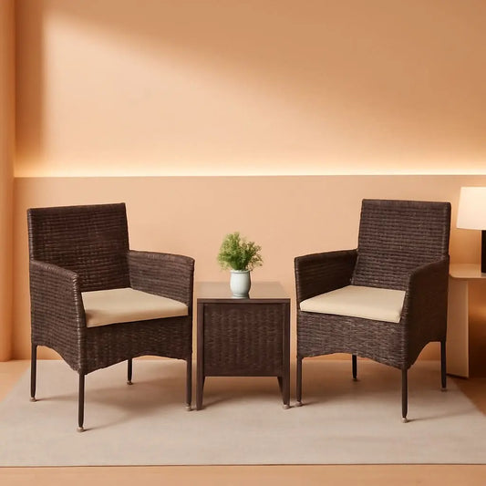 3 Piece Patio Dining PE Rattan Wicker Chair Set With Cushions And Glass Coffee Table Outdoor Brown Beige ShipItFurniture