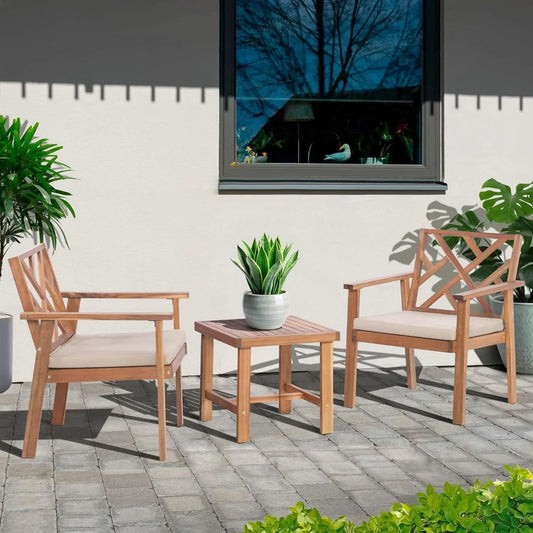 3 Piece Outdoor Patio Furniture Set Acacia Wood Cushioned Chairs And Coffee Table ShipItFurniture