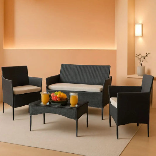 Patio Furniture Four Piece Conversation Set Black Beige ShipItFurniture