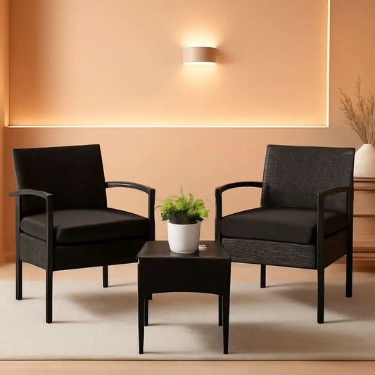 3 Piece Patio Rattan Conversation Chairs Set Outdoor Furniture Black Wicker For Garden Balcony Porch Yard ShipItFurniture