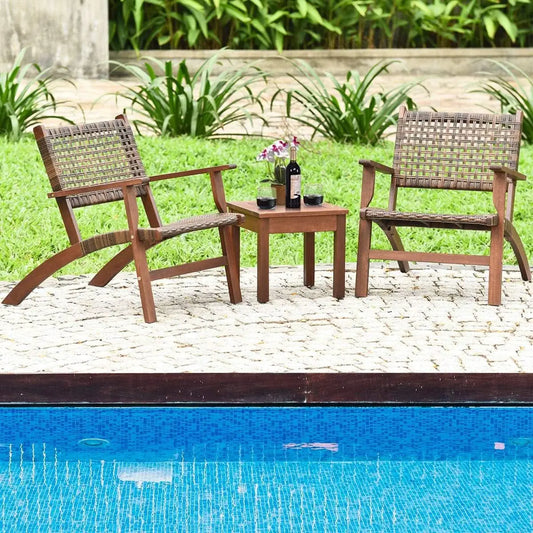 3 Piece Patio Conversation Set With Solid Eucalyptus Wood Frame And Brown Rattan Wicker ShipItFurniture