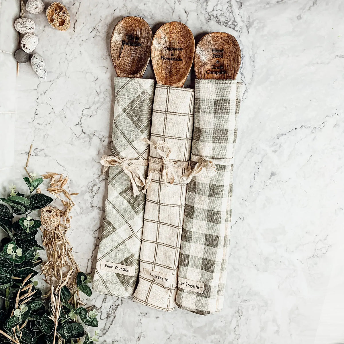 Happiness Is Homemade Wooden Spoon And Checkered Dish Towel Gift Set BandsCo Straps