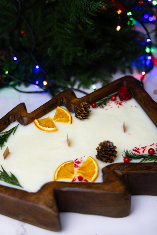 Large Christmas Tree Wooden Dough Bowl Scented Candle – Handcrafted Soy Wax Holiday Decor & Gift