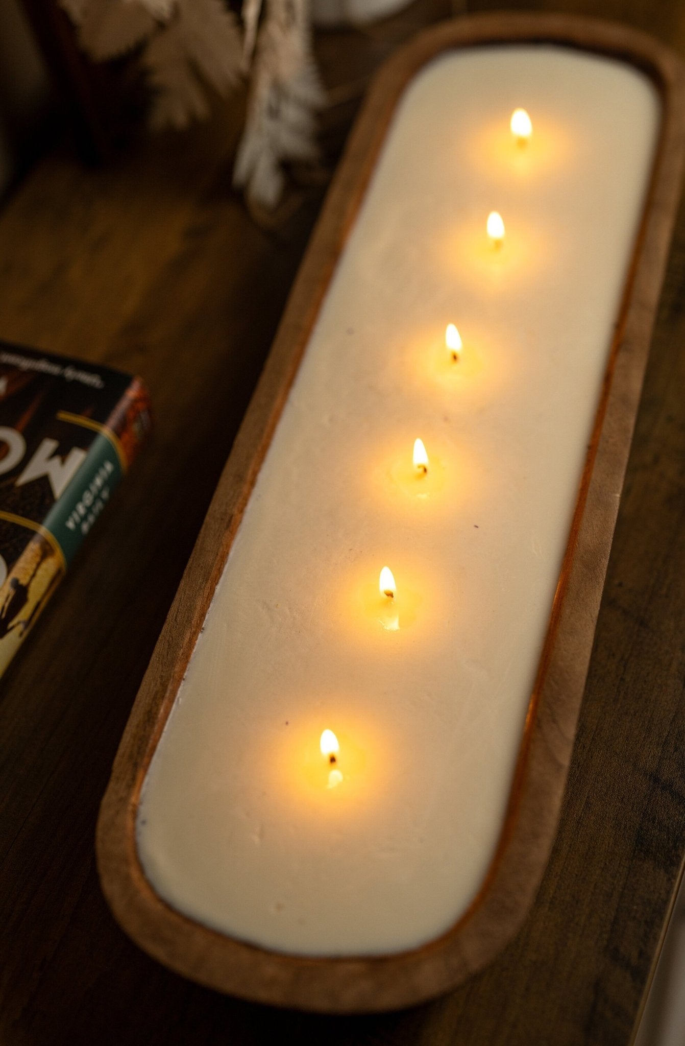 Hand-Carved 6-Wick Dough Bowl Candle - Orange Scent - Festive Farmhouse Decor Gift