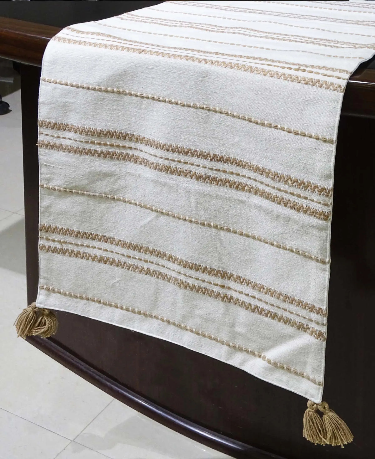 Elegant Beige off-white Embroidered Cotton Table Runner - 16"x90" Vibhsa