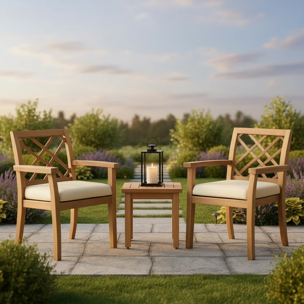 3 Piece Outdoor Patio Furniture Set Acacia Wood Cushioned Chairs And Coffee Table