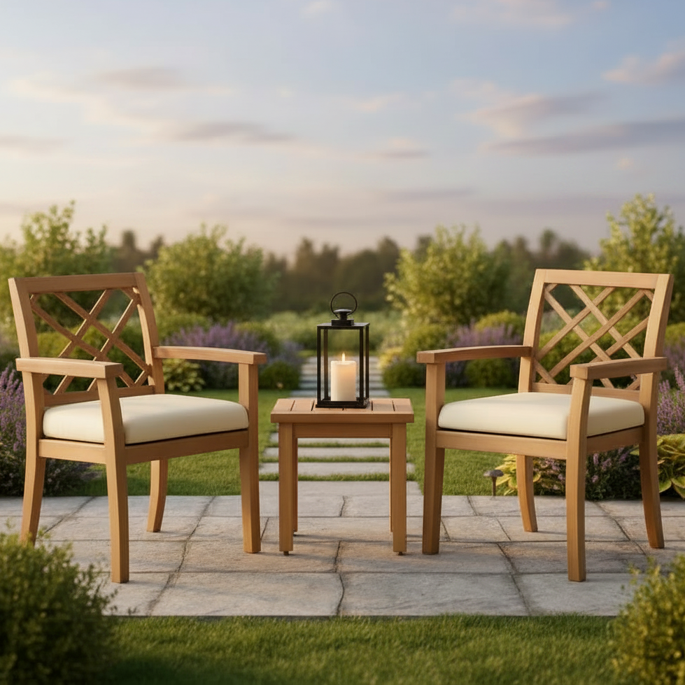3 Piece Outdoor Patio Furniture Set Acacia Wood Cushioned Chairs And Coffee Table