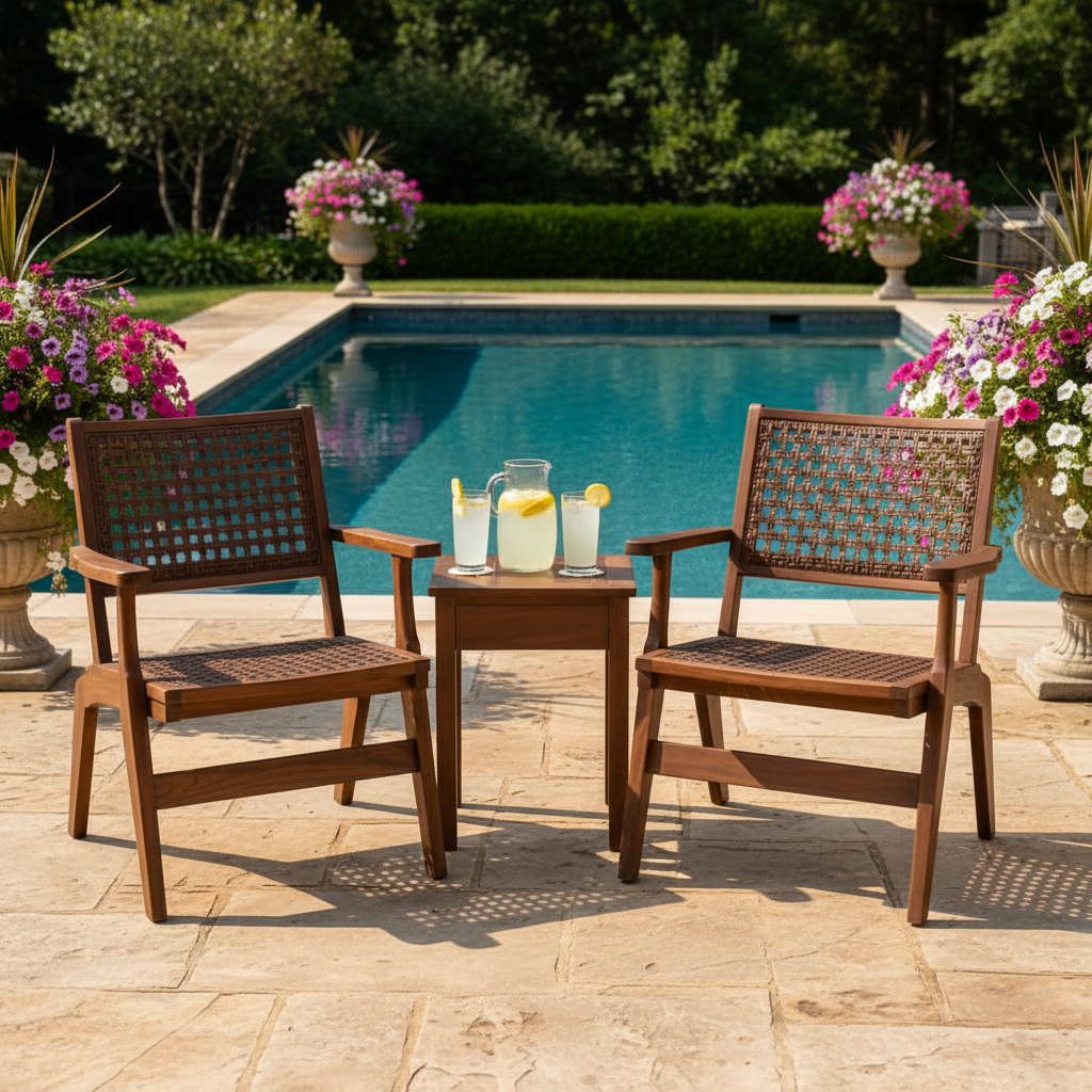 3 Piece Patio Conversation Set With Solid Eucalyptus Wood Frame And Brown Rattan Wicker