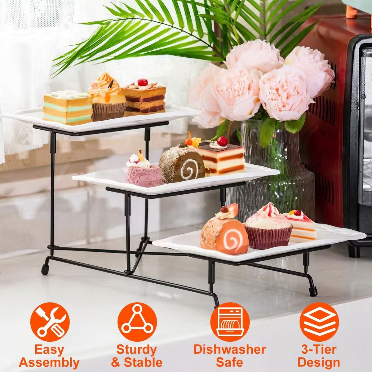 3-Tier Plastic Serving Tray Dessert Server Display Serving Stand Dinnerware with 3 Rectangular Plastic Serving Platters Metal Stand for Entertaining F GBruno Store