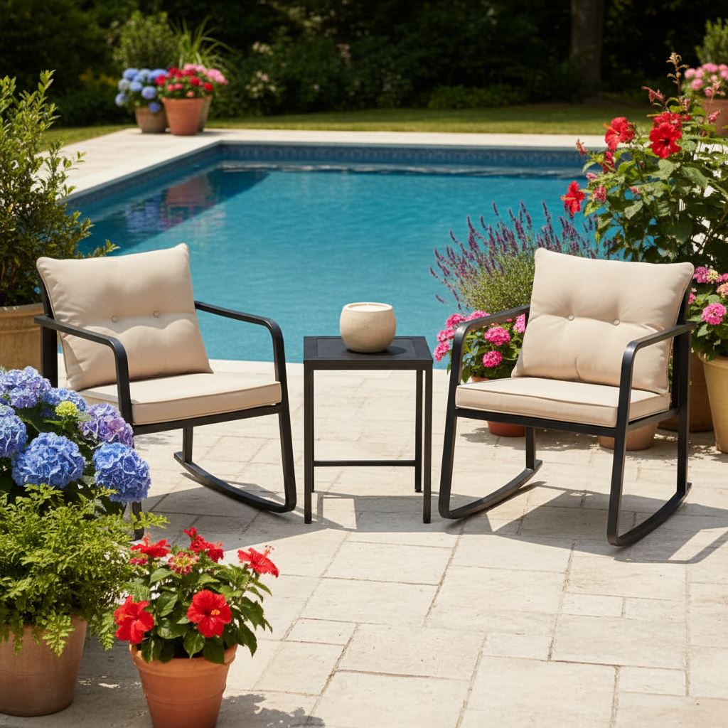 Beige 3 Piece Rocking Patio Bistro Set With Tempered Glass Coffee Table For Outdoor Furniture
