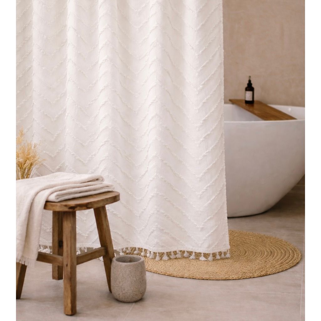 Capri Tufted Chevron Shower Curtain With Boho Tassel Details Hotel Inspired Soft Fabric