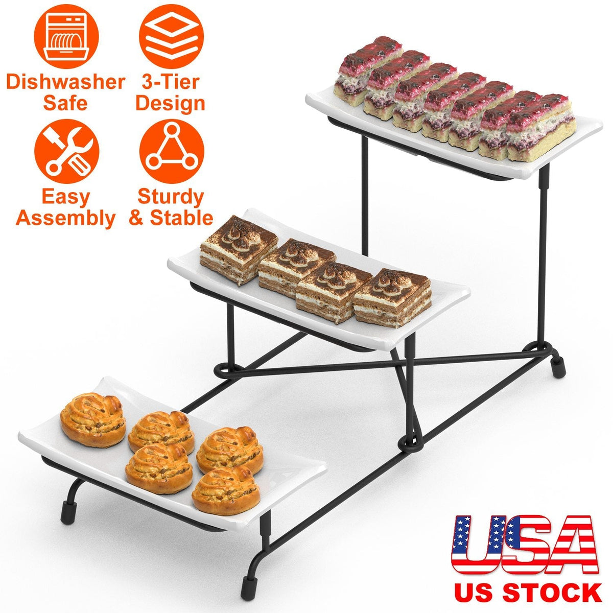 3-Tier Plastic Serving Tray Dessert Server Display Serving Stand Dinnerware with 3 Rectangular Plastic Serving Platters Metal Stand for Entertaining F GBruno Store