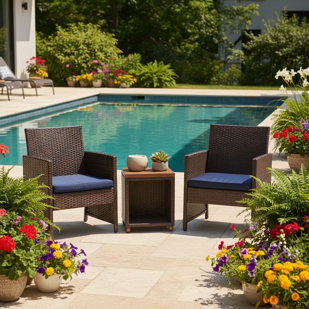 Wicker Outdoor Patio Set 3 Piece Bistro Brown Navy