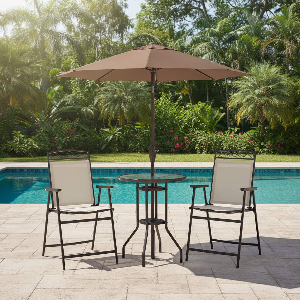 Patio Dining Set With 2 Folding Chairs Beige Umbrella