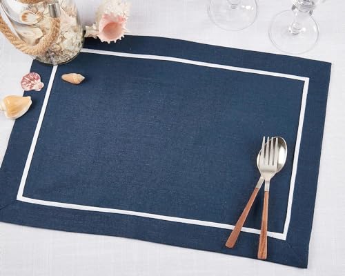 Fennco Styles Pleated Design Navy Blue Placemats 13" W X 19" L, Set of 4 - Classic Border Table Mats for Everyday Use, Dining Room Décor, Family Gatherings and Special Occasions
