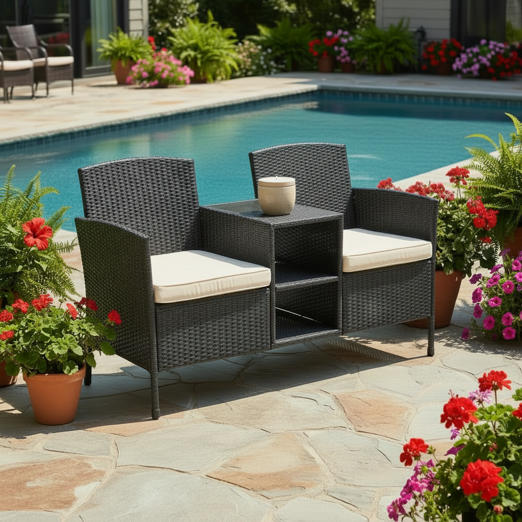Patio Loveseat Outdoor Wicker Conversation Set With Built In Coffee Table Beige