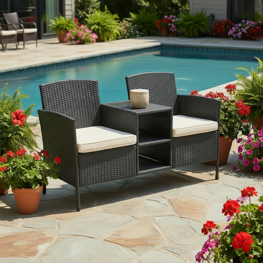 Patio Loveseat Outdoor Wicker Conversation Set With Built In Coffee Table Beige