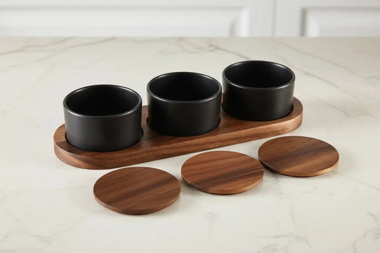 Ceramic Condiment Set on Acacia Wood Base Kalmar Home