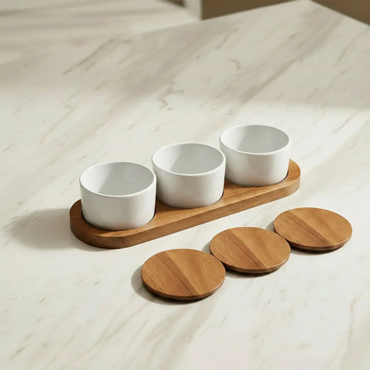 Ceramic Condiment Set on Acacia Wood Base Kalmar Home