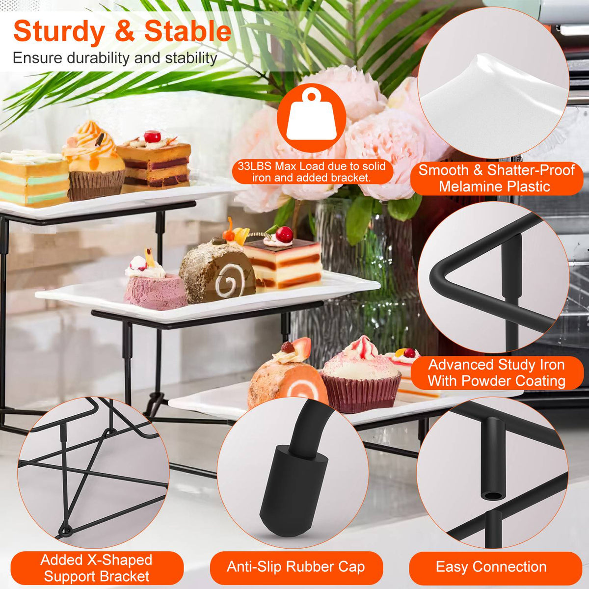 3-Tier Plastic Serving Tray Dessert Server Display Serving Stand Dinnerware with 3 Rectangular Plastic Serving Platters Metal Stand for Entertaining F GBruno Store