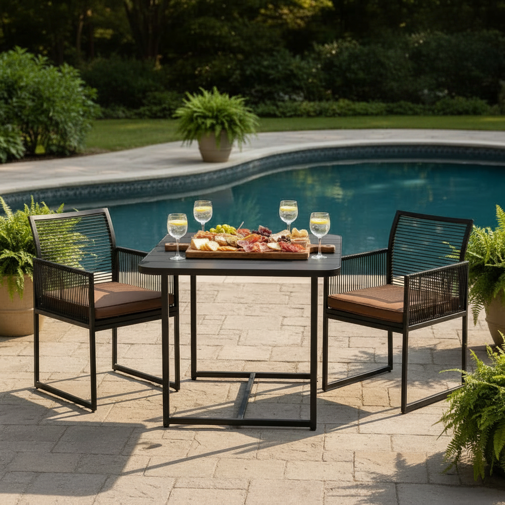3 Piece Outdoor Dining Set With Folding Backrests And Tempered Glass Tabletop For Patio And Poolside