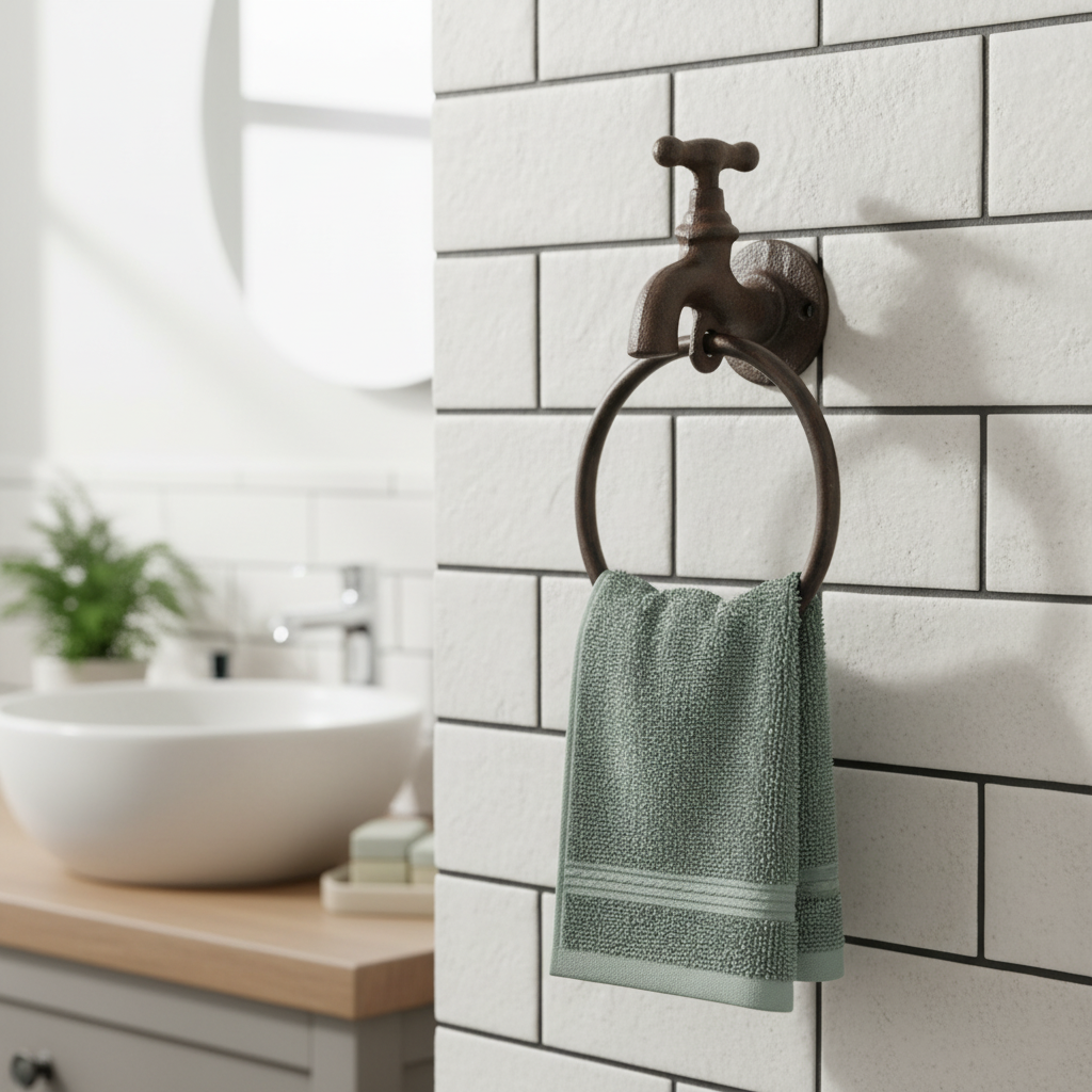 Quirky Cast Iron Faucet Towel Holder Industrial Farmhouse Bath Decor Accent Bathroom Decor