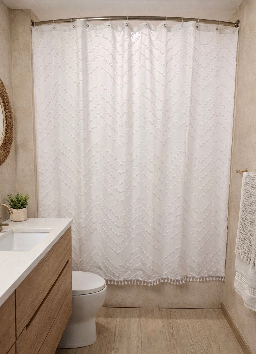 Capri Tufted Chevron Shower Curtain With Boho Tassel Details Hotel Inspired Soft Fabric