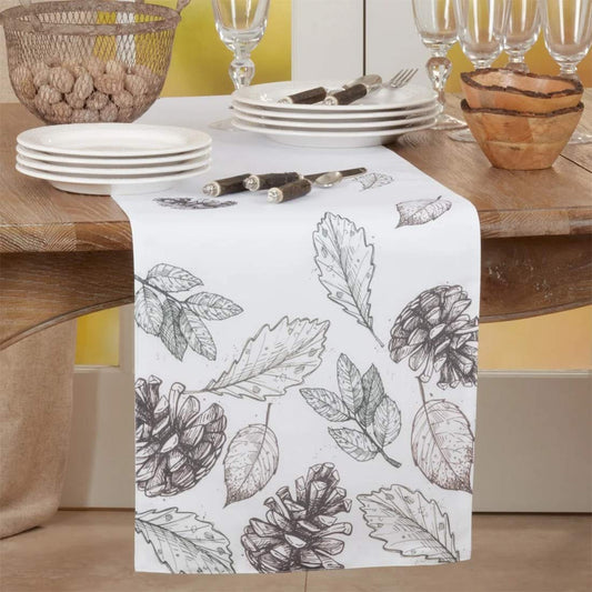 Fennco Styles Delicate Fall Leaf Pinecone Decorative Table Runner 16" W x 70" L - White Autumn Table Cover for Dining Table, Banquets, Special Events and Home Décor